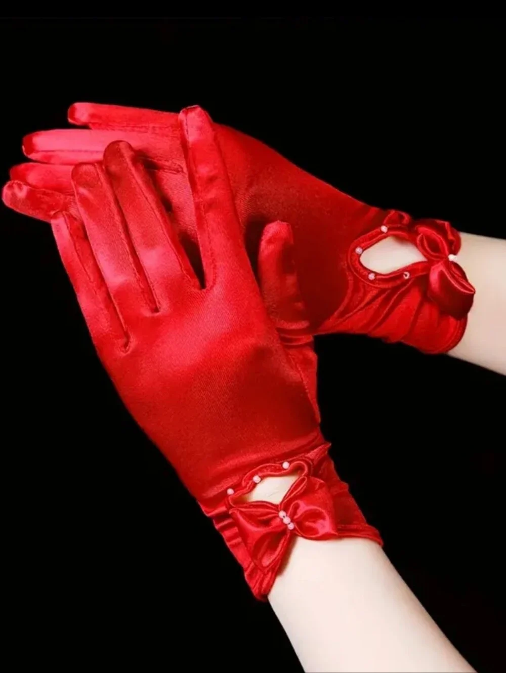 Elegant Red Satin Short Wrist Length Evening Gloves W/Bow & Faux Pearl Detail